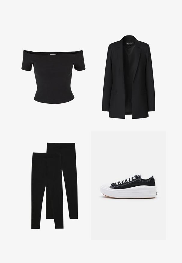 Jachetă neagră cu un design ajustat, cu rever în formă de v și două buzunare frontale, având un front deschis. Fabricată dintr-un material neted cu o formă structurată.; Top negru, cu umerii la vedere, realizat dintr-un material ribbed, având mâneci scurte și un croi ajustat, cu o textură netedă și linii curate.; Leggings negre dintr-un material elastic, cu o talie fără cusături și un design slim fit, potrivite pentru îmbrăcăminte casual sau exerciții fizice.; Adidași negri din pânză cu șireturi albe, vârf alb din cauciuc și o talpă medie groasă albă. Prezintă cusături subtile albe și o talpă din cauciuc.