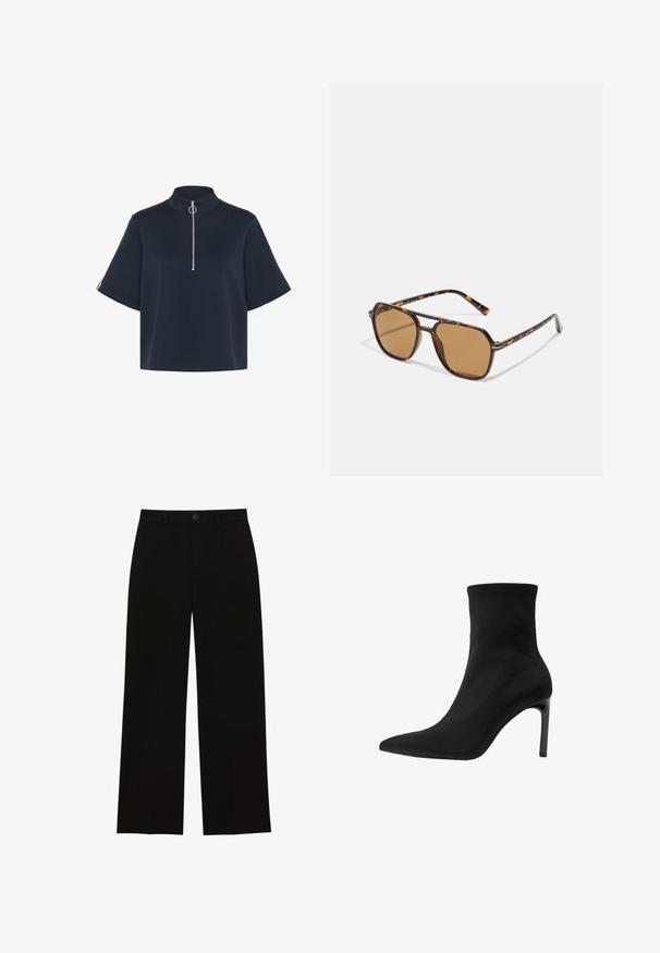 Svart kavaj med skräddarsydd design, slagkrage, två framfickor och öppen front. Tillverkad av ett slätt tyg med en strukturerad form.; Kaffe KASIF - T-shirt - bas - midnight marine; Svarta, högmidjade wide-leg byxor i ett slätt tyg, med platt front, knappstängning och utan synliga fickor.; Svarta ankelboots i slät mocka med spetsig tå och hög stilettklack. Snygg, minimalistisk design utan utsmyckningar.; Bruna solglasögon med en sköldpaddsmönstrad båge, rektangulära linser och smala skalmar med ett orange accentmönster.; Brun mockaklänningshandväska med ett guld fyrkantigt spänne, topphandtag och kedjesnodd. Har en rektangulär form och rundade kanter.