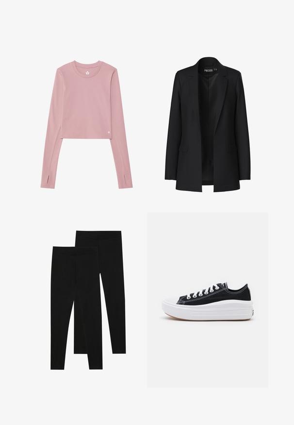 Zwarte blazer met een op maat gemaakt ontwerp, klepjes met een notched design, twee voorkwagendockets en een open voorkant. Gemaakt van gladde stof met een gestructureerde vorm.; Langdouch, cropped top van zachte roze stof; heeft een ronde hals, duimgaten in de boorden en een klein logo op de zoom.; Zwarte leggings van rekbaar materiaal, met een naadloze tailleband en een slank ontwerp, geschikt voor casual wear of lichaamsbeweging.; Zwarte canvas sneakers met witte veters, een witte rubberen teenkap en een chunky witte tussenzool. Bevat subtiele witte stiksels en een gumzool.