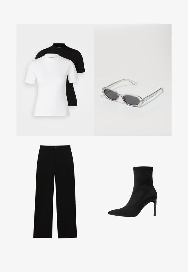 Black blazer with a tailored design, notched lapels, two front pockets, and an open front. Made of smooth fabric with a structured shape.; Even&Odd Petite 2 PACK - Basic T-shirt - white/black; Black, high-waisted, wide-leg trousers made of a smooth fabric, featuring a flat front, button closure, and no visible pockets.; Black ankle boot made of smooth suede, featuring a pointed toe and a high stiletto heel. Sleek, minimalist design without embellishments.; Sunglasses with an oval shape, clear plastic frame, dark gray lenses, and thin transparent arms featuring logo accents and minimal detailing.; Brown suede handbag with a gold square clasp, top handle, and chain strap. Features a rectangular shape and rounded edges.