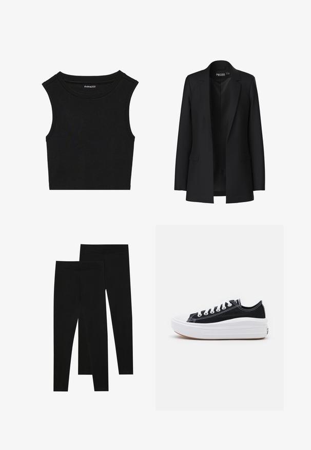 Melnā žakete ar pielāgotu dizainu, ar iegrieztām atlokām, divām priekšējām kabatām un atvērtu priekšpusi. Izgatavota no gludas auduma ar strukturētu formu.; Melns bezpiedurkņu krūšturis ar ribotu tekstūru. Iemaksas apaļa kakla izgriezuma un plašiem plecu sašuvumiem. Izgatavots no stiepjamā auduma.; Melni legingi, izgatavoti no stiept materiāla, ar bezšuvju jostu un slaidu piegriezumu, piemēroti ikdienas valkāšanai vai vingrošanai.; Melni kanvas sporta apavi ar baltām šņorēm, baltu gumijas purngalu un masīvu baltu zoli. Iezīmējas ar smalku baltu šuvumu un gumiju zoli.