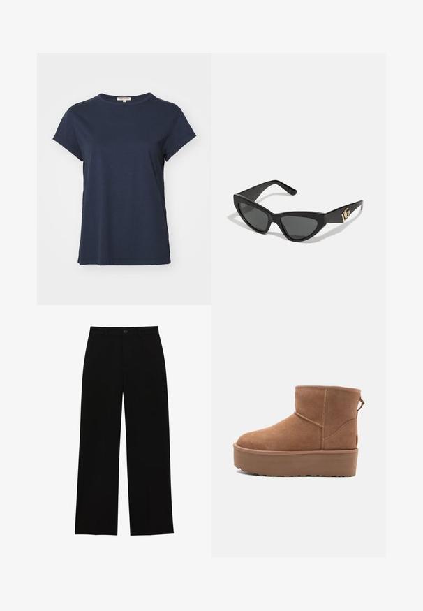 Černý blejzr s propracovaným designem, se špičatými klopami, dvěma předními kapsami a otevřeným předním dílem. Vyrobený z hladké látky se strukturovaným tvarem.; Yogasearcher NAMASTE - Triko s potiskem - navy; Černé, vysoké kalhoty s širokým střihem vyrobené z hladkého materiálu, s plochým předním dílem, zapínáním na knoflík a bez viditelných kapes.; Hnědé semišové kotníkové boty s platformou, zaoblenou špičkou a prošíváním; mají poutko vzadu pro snadné obouvání.; Sunglasses ve tvaru kočičích očí s matným černým plastovým rámem, tmavými skly a zlatým logem na stranu. Úhlový design a hladká textura.; Hnědá kožená crossbody taška s logem, zlatým řetízkem, zipovým uzávěrem a zlatými akcenty. Kompaktní a obdélníkový tvar.