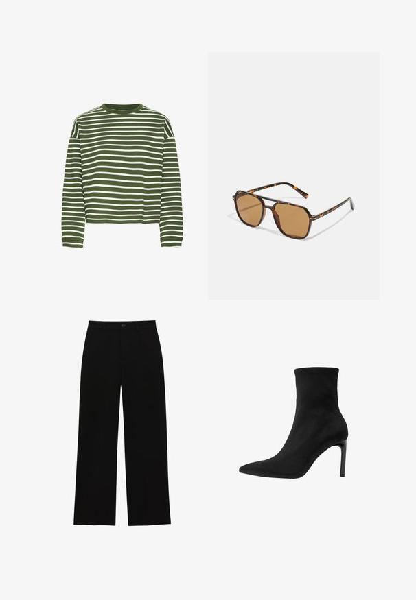 Sort blazer med skræddersyet design, med gennembrydne klapper, to forlommer og åben front. Lavet af glat stof med en struktureret form.; Grøn- og hvidstribet langærmet top med rund halsudskæring og lige snit. Blødt, tekstureret stof med jævnt fordelte vandrette striber.; Sorte, højtsiddende, brede bukser lavet af et glat stof, med flad front, knaplukning og uden synlige lommer.; Sorte ankelstøvler lavet af glat suede, med spids tå og høj stilettohæl. Slank, minimalistisk design uden udsmykninger.; Brune-tonede solbriller med en skildpaddefarvet ramme, rektangulære linser og slanke arme med et orange accent mønster.; Brun ruskind handbag med en gylden firkantet spænde, top-håndtag og kæderem. Har en rektangulær form og afrundede kanter.