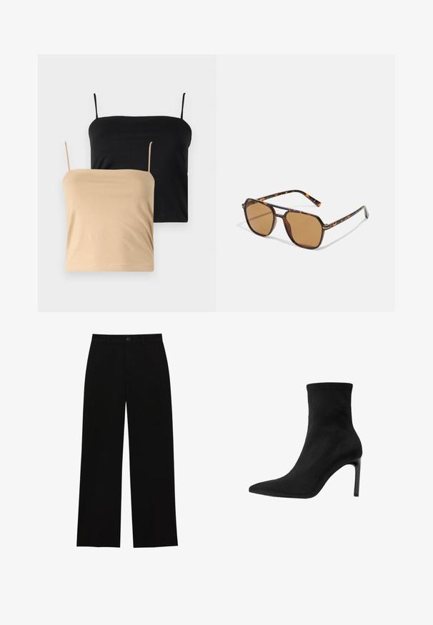 Čierny blazer s prispôsobeným strihom, so špicatými klopami, dvoma prednými vreckami a otvoreným predkom. Vyrobený z hladkej tkaniny so štruktúrovaným tvarom.; Dvoje tielok, jedno v čiernej a druhé v béžovej farbe. Vyrobené z mäkkého a elastického materiálu s tenkými ramienkami a priliehavým strihom.; Čierne, vysoké, široké nohavice z hladkej látky, s plochým predným dielom, zapínaním na gombík a bez viditeľných vreciek.; Čierne členkové čižmy vyrobené z hladkej semišovej kože, s špicatou špičkou a vysokým ihlovým podpätkom. Plynulý, minimalistický dizajn bez ozdôb.; Hnedé slnečné okuliare s rámom z korytnačiny, obdĺžnikové šošovky a štíhle nožičky s oranžovým akcentom.; Hnedá semišová kabelka so zlatým štvorcovým uzávery, hornou rukoväťou a reťazovým popruhom. Má obdĺžnikový tvar a zaoblené okraje.