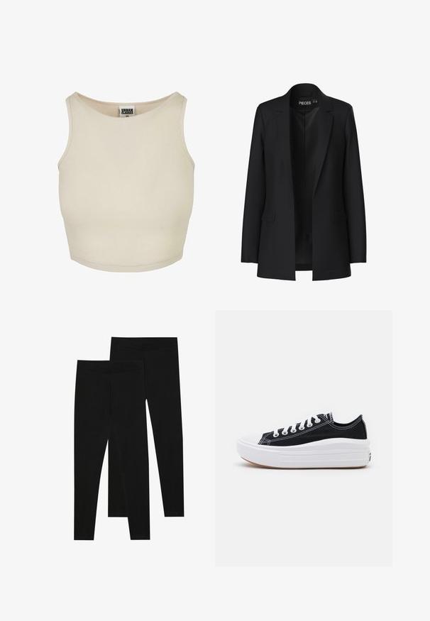 Blazer negro con un diseño ajustado, solapas de muesca, dos bolsillos frontales y un frente abierto. Fabricado con una tela suave y una forma estructurada.; Top corto de canalé beige con escote redondo y diseño sin mangas. Presenta una textura lisa y una etiqueta de marca discreta en el interior del cuello.; Leggings negros de tejido elástico, con una cinturilla sin costuras y un diseño ajustado, adecuados para uso casual o ejercicio.; Zapatillas de lona negras con cordones blancos, puntera de goma blanca y una suela blanca gruesa. Presenta costuras blancas sutiles y una suela de goma.