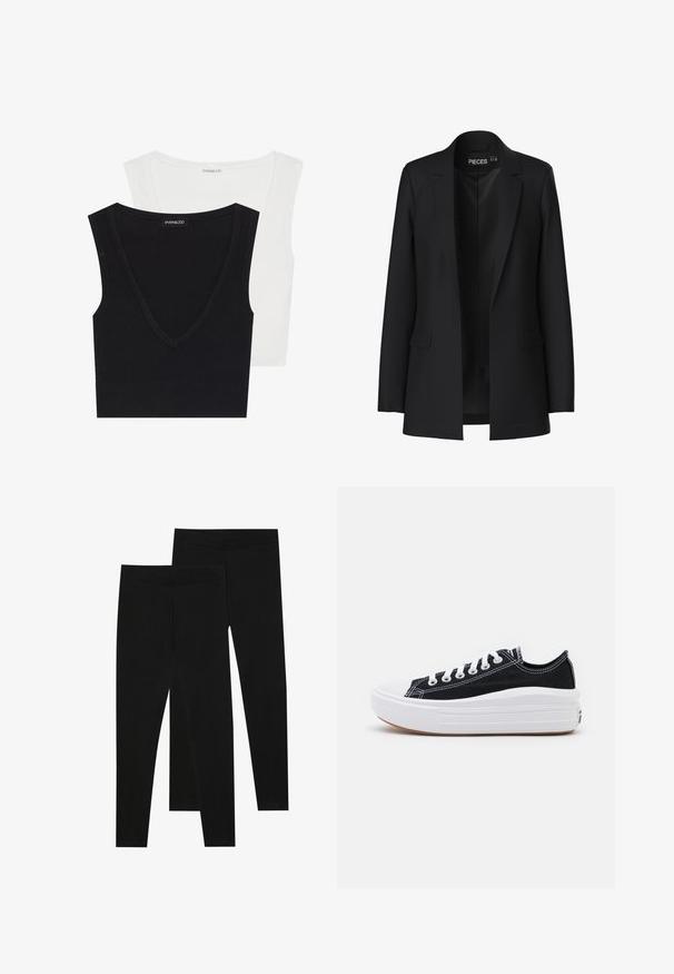 Črn blazer s krojem po meri, z vyrezanimi klapnicami, dvema sprednjima žepoma in odprtim sprednjim delom. Narejen je iz gladkega materiala z utrjenim oblikovanjem.; Dva brezrokavnika iz rebraste tkanine v črni in beli barvi. Obe imata V-izrez in mehak material. Oznaka je vidna na črnem topu.; Črne legice iz raztegljive tkanine, z brezšivnim pasom in oprijetim krojem, primerne za prosti čas ali vadbo.; Črne platnene športne copate z belimi vezalkami, belim gumijastim prstnim zaščitnikom in masivnim belim srednjim podplatom. Imajo subtilne bele šive in gumijast podplat.