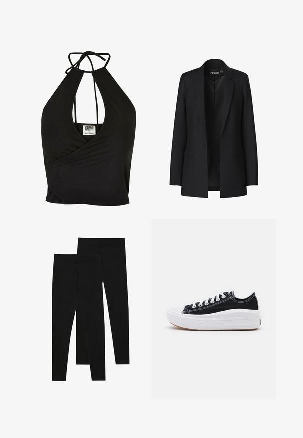 Jachetă neagră cu un design ajustat, cu rever în formă de v și două buzunare frontale, având un front deschis. Fabricată dintr-un material neted cu o formă structurată.; Top scurt cu guler halter de culoare neagră, fabricat dintr-un material moale, având un decolteu adânc în V și un design înfășurat. Se leagă la spate pentru o ajustare confortabilă.; Leggings negre dintr-un material elastic, cu o talie fără cusături și un design slim fit, potrivite pentru îmbrăcăminte casual sau exerciții fizice.; Adidași negri din pânză cu șireturi albe, vârf alb din cauciuc și o talpă medie groasă albă. Prezintă cusături subtile albe și o talpă din cauciuc.
