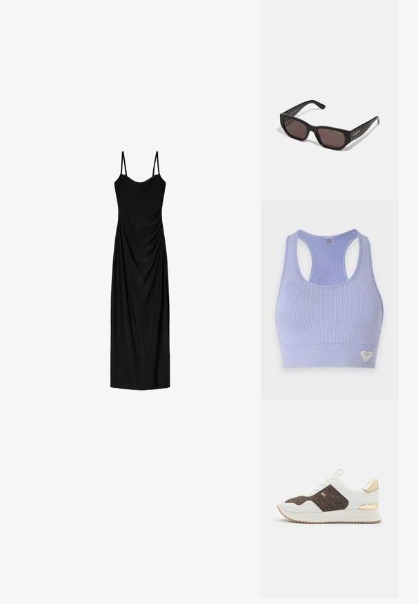 Fekete zakó, igényes szabással, sarkított hajtókákkal, két elülső zsebbel és nyitott elejével. Simaszerű anyagból készült, jól formált fazonnal.; Tiszta lila bordázott sportmelltartó, kerek nyakkivágással és versenypályás hátrész kialakítással, az alsó sarokban egy kis szív logóval.; Fekete midi ruha vékony, állítható pántokkal, amely drapált designnal és sima textúrával rendelkezik. Nincsenek látható minták vagy díszítések.; Fehér sportcipők barna mintás szövetpanellel, arany Hardver díszítéssel, kerek orral, fűzős kialakítással és texturált gumitalppal.; Fekete téglalap alakú napszemüveg sötét lencsékkel. Simává csiszolt műanyagráma és logó részlet található a szárán. Tiszta, modern dizájn.; Barna bőr keresztpántos táska logómintával, arany láncos pánttal, cipzáras záródással és arany fémkiegészítőkkel. Kompakt és téglalap alakú dizájn.