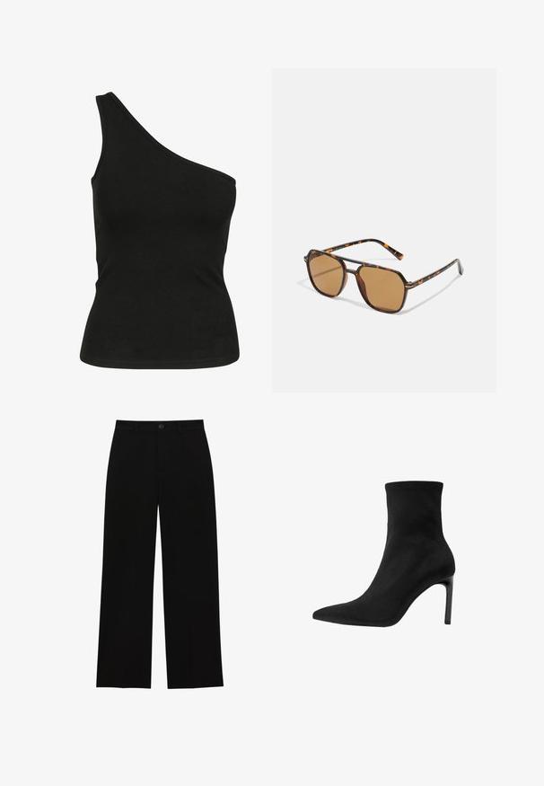 Crni sako s krojenim dizajnom, reverima, dva prednja džepa i otvorenim prednjim dijelom. Izrađen od glatkog materijala sa strukturiranim oblikom.; Crni top bez rukava s jednim ramenom izrađen od glatkog materijala, s odrezanim siluetom i čistim, šivenim izrezom. Nema vidljivih uzoraka ili naglasaka.; Crne, visoko strukirane, široke hlače napravljene od glatkog materijala, s ravnim prednjim dijelom, kopčanjem na dugme i bez vidljivih džepova.; Crne gležnjače od glatke nubuk kože, s izdignutim nosom i visokim stileto potplatom. Elegantni, minimalistički dizajn bez ukrasa.; Smešane smeđe sunčane naočale s okvirima od kornjačevine, pravokutnim staklima i tankim potezima sa narančastim uzorkom.