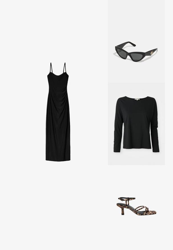 Sort blazer med skræddersyet design, med gennembrydne klapper, to forlommer og åben front. Lavet af glat stof med en struktureret form.; Sort langærmet crewneck t-shirt med afslappet pasform og sænkede skuldre, præsenteret på en hvid baggrund.; Sort midi-kjole med tynde, justerbare stropper, der har et draperet design og en glat tekstur. Ingen synlige mønstre eller udsmykninger.; Sandaler med hæl i leopardmønster og firkantet tå, med flere stropper og en mellemhøj hæl. Fremstillet af blødt tekstilmateriale.; Cat-eye solbriller med en mat sort kunststoframme, mørke linser og en guldfarvet logoaccent på stænger. Vinklet design og glat overflade.; Brun læder crossover taske med logo mønster, guldkæde rem, lynlås lukning og gyldne hardware detaljer. Kompakt og rektangulær form.