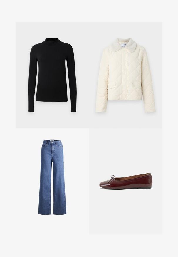 Bela prešita jakna z umetnim krznenim ovratnikom, srebrnimi gumbi in dvema sprednjima žepoma. Mehka struktura in krajšna zasnova.; Svetlo modri kardigan iz mehkega, rebrastega materiala, z okroglo ovratnico, dolgimi rokavi in šestimi črnimi gumbi spredaj.; Črna dolga majica s turtleneck ovratnikom, izdelana iz gladkega materiala; oprijet kroj z visokim ovratnikom in brez vidnih šivov. Preprosta, enobarvna.; Svijetloplave traper hlače širokih nogavica s visokim strukom, s dva prednja džepa i vidljivim šavovima. Ima kopčanje na gumb i zatvarač.; Burgundska patenti usnjeni baletni čevlji z zaobljenim prstom, majhnim lokom na sprednji strani in nizkim črnim gumijastim podplatom. Gladka tekstura.