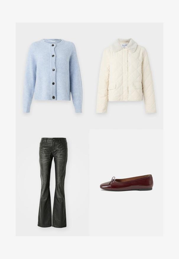 Kreminės spalvos siuvinėtas švarkas su dirbtiniu kailio apykakle, spaudimo mygtukais ir dviem priekinėmis kišenėmis. Minkšta tekstūra ir trumpas dizainas.; Šviesiai mėlynas megztinis, pagamintas iš minkštos, raukšlėtos medžiagos, su apvalia iškirpte, ilgomis rankovėmis ir šešiais juodais mygtukais priekyje.; Juodas ilgomis rankovėmis megztukas su aukštu kaklu, pagamintas iš lygios medžiagos; prigludęs dizainas be matomų siūlių. Paprasta, vienspalvė.; Juodos dirbtinės odos flared džinsai su priekinėmis kišenėmis, metaliniu mygtuko uždarymu ir šiek tiek tekstūruota paviršių. Tiesūs džinsai su ilgu kirpimu.; Bordo lakiotos odos baleto bateliai su apvalia nosimi, maža kaspinėlio akcentu priekyje ir žema juoda guma padanga. Lygi tekstūra.