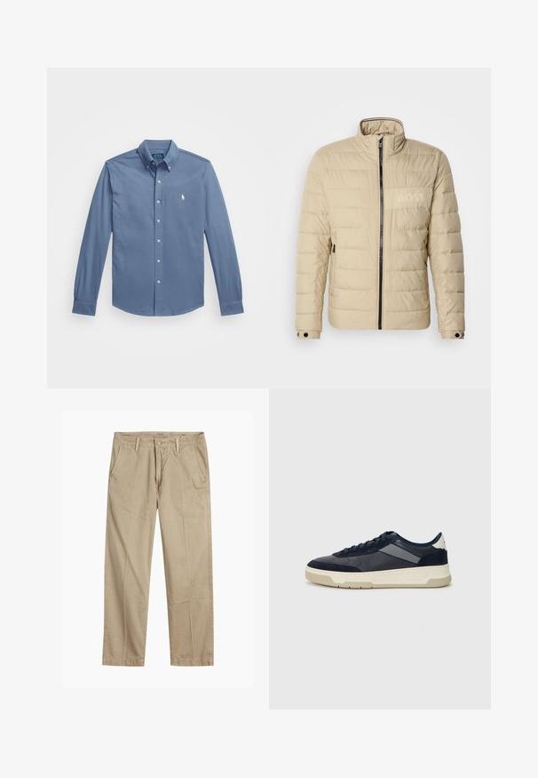 Casaco acolchoado bege com gola alta, costura horizontal, dois bolsos laterais e um fecho preto, apresentando um discreto logótipo "BOSS" no peito.; Camisa de botão em azul claro, material de algodão, mangas longas com punhos botões, gola clássica e logo bordado no peito.; Chinos bege de perna reta com passantes para cinto, fecho frontal com botão e fecho de correr, e bolsos frontais inclinados.; BOSS BALTIMORE - Sapatilhas - open blue