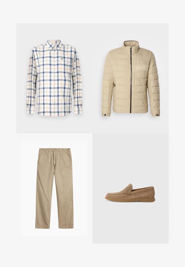 Béžová prošívaná bunda s vysokým límcem, horizontálním švem, dvěma bočními kapsami a černým zipem, s nenápadným logem "BOSS" na hrudi.; Pánská košile na knoflíky vyrobená z krémové látky s modro-oranžovým kostkovaným vzorem, dlouhými rukávy a náprsní kapsou. Má tradiční límec.; Beige rovné chino kalhoty s poutky na opasek, zapínáním na přední knoflík a zip, a šikmými předními kapsami.; Hnědé semišové kluče s hladkým povrchem a prošitými detaily; mají gumovou podrážku pro lepší přilnavost.