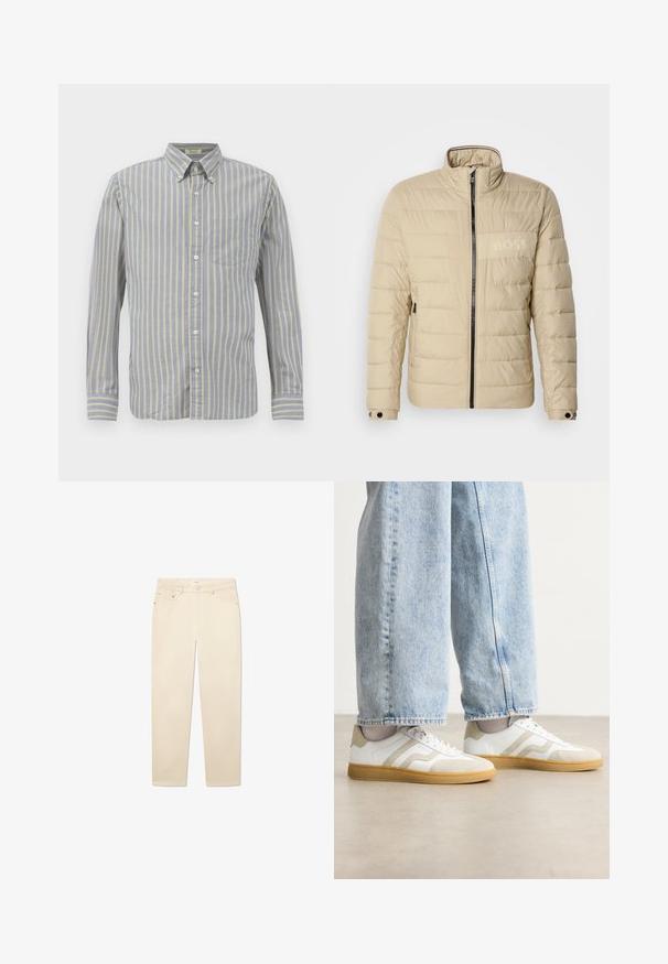Beige polstret jakke med høy krage, horisontal søm, to sidelommer og en svart glidelås, med en subtil "BOSS" logo på brystet.; Knappe skjorte i blått stoff med tynne gule striper, med krage, lange ermer og en brystlomme. Fullført med hvite knapper.; Hvite-beige denimjeans med rette ben, som har fem lommer, knapp- og glidelåsÅpning, samt subtile sømdetaljer.; Hvite sneakers med beige semsket skinn-detaljer og lette gummisåler; har et lavt design og teksturdetaljer på overdelen.