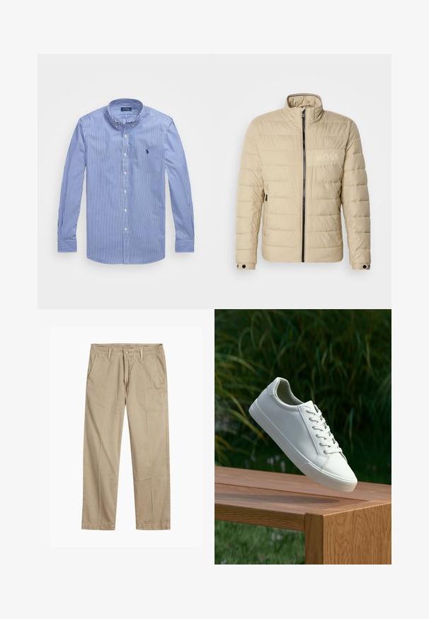 Casaco acolchoado bege com gola alta, costura horizontal, dois bolsos laterais e um fecho preto, apresentando um discreto logótipo "BOSS" no peito.; Camisa de botão de mangas longas azul e branca com riscas, apresentando um colarinho reto, um pequeno logotipo e fecho de botão. Fabricada em algodão, com uma textura suave.; Chinos bege de perna reta com passantes para cinto, fecho frontal com botão e fecho de correr, e bolsos frontais inclinados.; Sapatilha branca com atacadores suspensa acima de um banco de madeira, com folhagem verde ao fundo, destacando o design e a textura do calçado.