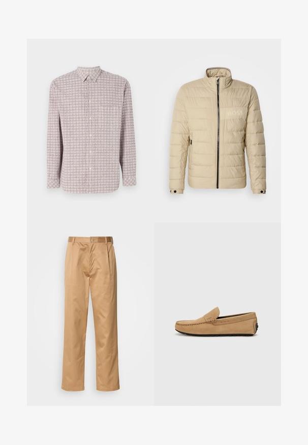 Beige gewatteerde jas met een hoge kraag, horizontale stiksels, twee zijzakken en een zwarte rits, met een subtiele "BOSS" logo op de borst.; Lange mouwen, knoopsluiting overhemd in lichtroze met een gestructureerd vierkant patroon. Katoenen stof, klassieke kraag en knoopsluiting.; Khaki broek, katoenmix, recht model, voorplooien, riemlussen en knoopsluiting. Gladde textuur zonder patronen.; Beige suède moccasin met een gestikte neus, instapontwerp en zwarte rubberen zool. Heeft subtiele branding aan de zijkant.