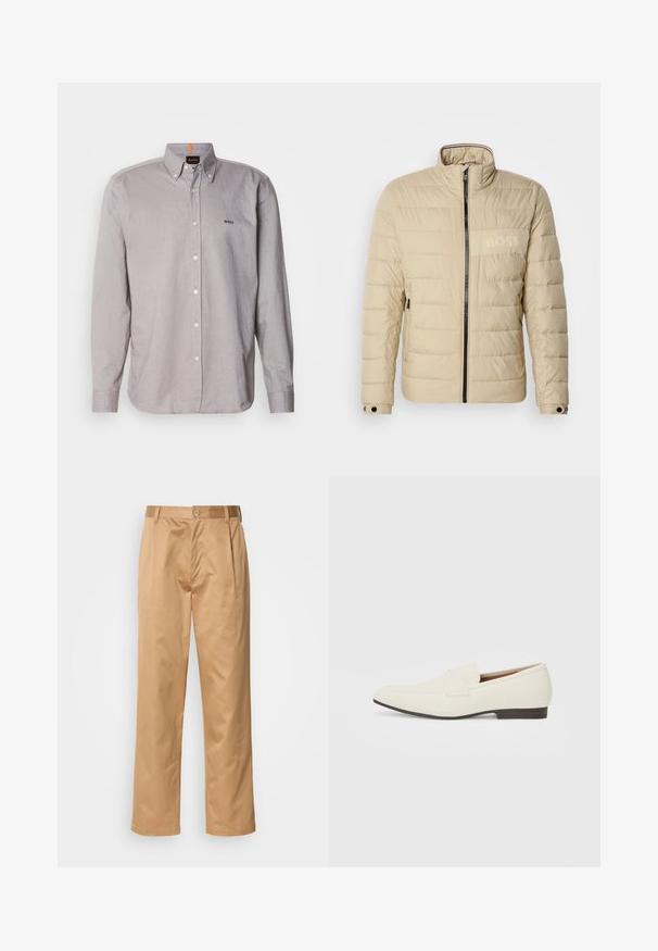 Jachetă bej captusită cu guler înalt, cusături orizontale, două buzunare laterale și un fermoar negru, având un logo subtil "BOSS" pe piept.; Cămașă cu guler de culoare gri deschis, dintr-un material ușor, cu mâneci lungi și un mic logo brodat pe piept.; Pantaloni kaki, amestec de bumbac, croială drept, cu pliuri frontale, bucle pentru curea și închidere cu nasture. Textură netedă, fără modele.; Loafers bej cu un vârf ascuțit, dintr-un material neted, cu o bandă peste vamp și o talpă joasă maro. Design simplu cu accente minime.