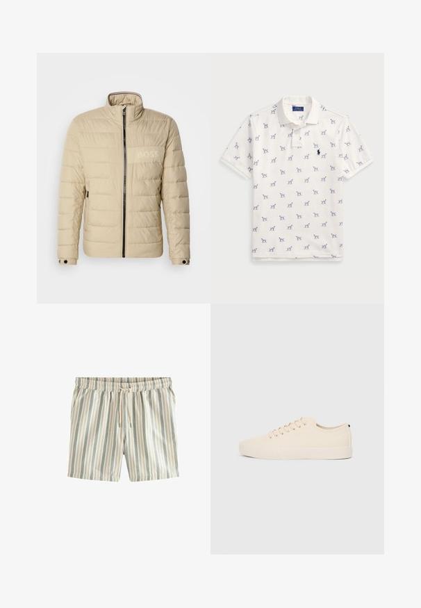 Veste rembourrée beige avec un col montant, des coutures horizontales, deux poches latérales et une fermeture éclair noire, arborant un subtil logo "BOSS" sur la poitrine.; Polo blanc en coton, avec un motif répété de chiens bleus et un petit logo bleu sur la poitrine. Manches courtes et col.; Shorts rayés avec des lignes verticales en beige clair, bleu pâle et gris doux. Taille élastique avec cordon de serrage ; tissu léger.; Baskets en toile beige avec bout arrondi, semelle en caoutchouc plate et lacets à l'avant. Présente un design minimaliste et un accent noir contrastant au niveau du talon.