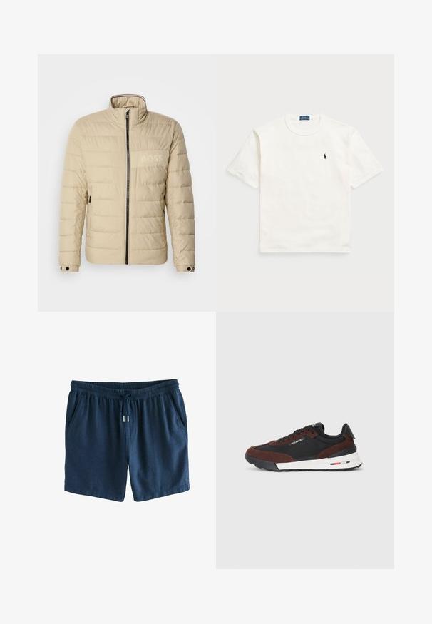 Chaqueta acolchada beige con un alto cuello, costuras horizontales, dos bolsillos laterales y una cremallera negra, con un discreto logo "BOSS" en el pecho.; Camiseta de algodón blanca de manga corta, con un clásico cuello redondo y un pequeño logo bordado en negro en el lado izquierdo del pecho.; Pantalones cortos azul marino hechos de un tejido ligero. Cuentan con una cinturilla elástica con cordón y dos bolsillos laterales. Diseño sencillo.; Tommy Hilfiger RETRO RUNNER MIX - Zapatillas - black/cocoa