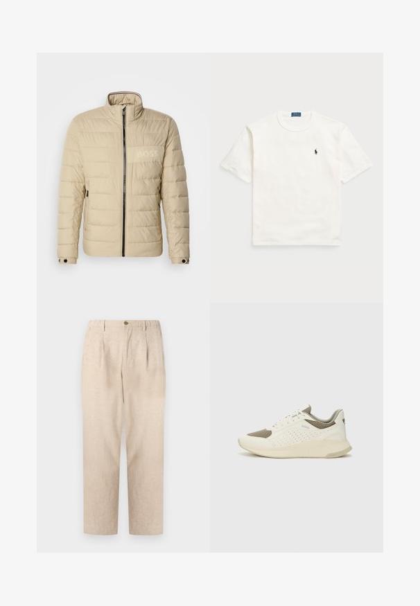 Beige padded jacket with a high collar, horizontal stitching, two side pockets, and a black zipper, featuring a subtle "BOSS" logo on the chest.; White cotton t-shirt with short sleeves, featuring a classic crew neck and a small black embroidered logo on the left chest.; Beige linen trousers with pleats, elastic waistband, and a single button closure. Straight-leg design with a textured finish.; White and light beige athletic sneaker, featuring a mesh upper, perforated detailing, and a textured midsole with branding on the heel.