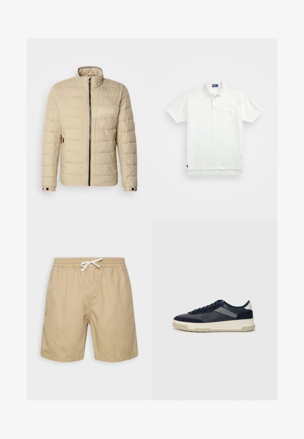 Beige polstret jakke med høy krage, horisontal søm, to sidelommer og en svart glidelås, med en subtil "BOSS" logo på brystet.; Hvit polo skjorte laget av bomull, med klassisk krage, tre-knapps ståkrage og lomme på venstre bryst; liten logo ved kanten.; Beige bomullsshorts med elastisk linning, snøring og to sidelommer. Glatt tekstur, kne-lengde design.; BOSS BALTIMORE - Joggesko - open blue