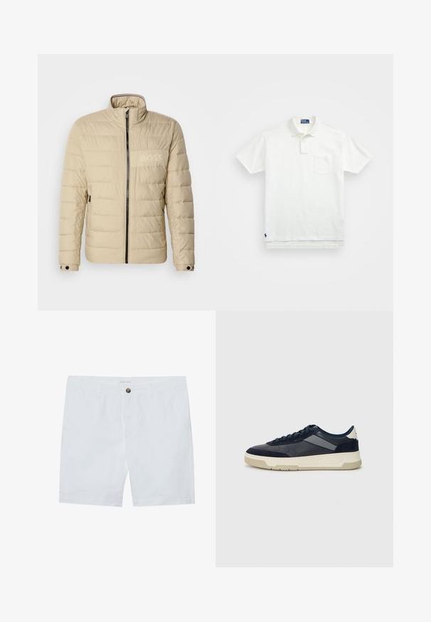 Beige padded jacket with a high collar, horizontal stitching, two side pockets, and a black zipper, featuring a subtle "BOSS" logo on the chest.; White polo shirt made of cotton, featuring a classic collar, three-button placket, and a left chest pocket; small logo at the hem.; White cotton shorts featuring a front button closure, two side pockets, and a straight cut. Brand label "Pier One" at the waistband.; BOSS BALTIMORE - Trainers - open blue