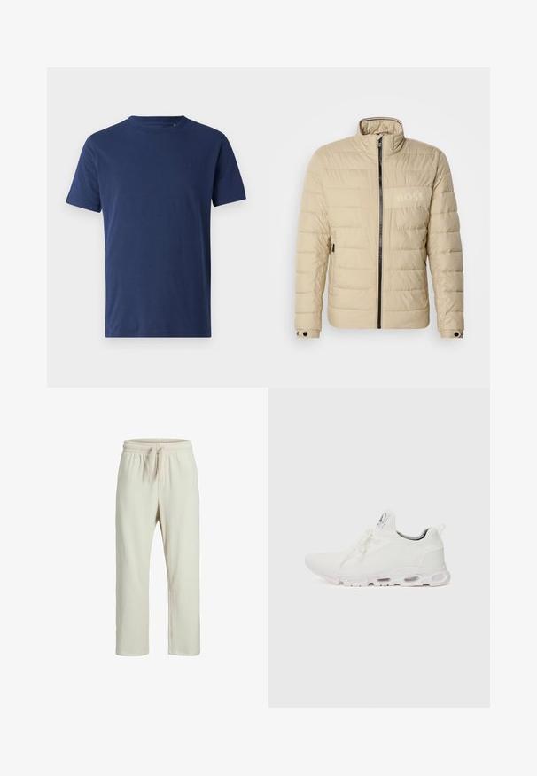 Bežna jakna s podloženjem in visokim ovratnikom, vodoravnimi šivi, dvema stranskima žepoma in črnim zadrgo, opremljena z diskretnim logotipom "BOSS" na prsih.; Mornarji modra kratka majica s kratkimi rokavi, okrogel ovratnik, narejena iz bombaža, z majhnim toniranim logotipom na prsih in gladko teksturo.; Rebrasti hlače kremaste barve z elastičnim pasom in vrvico, ki imajo sproščen kroj in ravno nogo.; Bela atletska obuća z značilnom pletenom gornjom stranom, ravnim vezicama i podlogom s jastučićem koja ima vidljive zračne komore za dodatnu potporu.