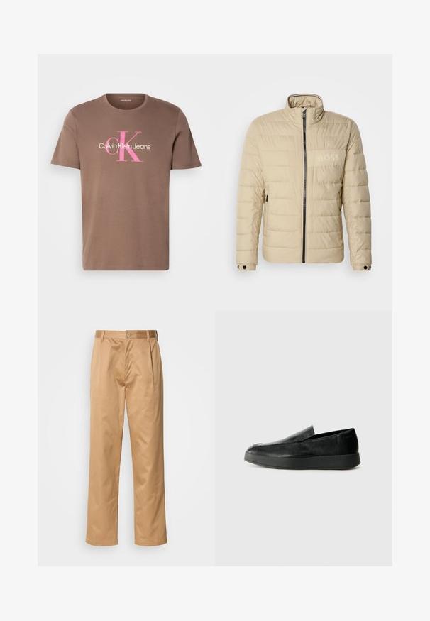Beige padded jacket with a high collar, horizontal stitching, two side pockets, and a black zipper, featuring a subtle "BOSS" logo on the chest.; Brown cotton t-shirt with short sleeves, featuring a pink and white graphic logo "Calvin Klein Jeans" in a bold font on the front.; Khaki trousers, cotton blend, straight-leg design, front pleats, belt loops, and button closure. Smooth texture with no patterns.; Calvin Klein HYBRID CUP - Slip-ons - triple black
