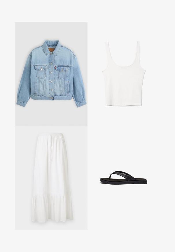 Hellblaue Jeansjacke mit klassischem Kragen, Knopfverschluss, zwei Brusttaschen, lässiger Passform und sichtbaren Nähten.; Weißes Baumwoll-Top mit Rundhalsausschnitt, ohne Ärmel und figurbetontem Schnitt. Glatte Textur, schlichtes Design und minimale Nähdetails.; Weiße, knielange Rock aus leichtem Stoff mit elastischem Bund und Kordelzug. Mit einem rüschierten Saum und subtiler Textur.; Schwarze Flip-Flops mit einer weich strukturierten Gummisohle und eleganten synthetischen Riemen. Das Design umfasst minimale Hardware und ein niedriges Profil.