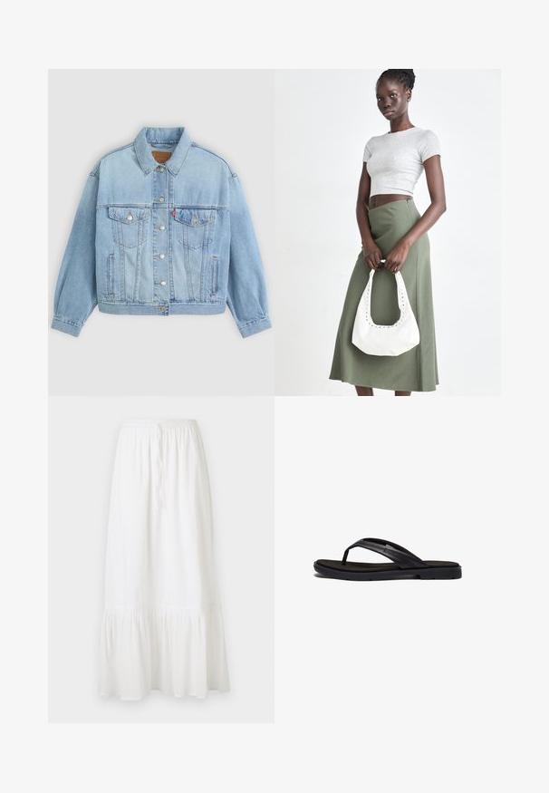 Light blue denim jacket featuring a classic collar, button closure, two chest pockets, relaxed fit, and visible stitching details.; White sleeveless tank top made of ribbed fabric, featuring a rounded neckline and a fitted silhouette, with minimal seams and no embellishments.; White, knee-length skirt made of lightweight fabric with an elastic waist and drawstring. Features a ruffled hem and subtle texture.; Black flip-flop featuring a soft-textured rubber sole and sleek synthetic straps. The design includes minimal hardware and a low profile.; Gray ribbed crop top and olive green high-waisted skirt. Model holds a white shoulder bag with cut-out detailing. Simple design, fitted silhouette.