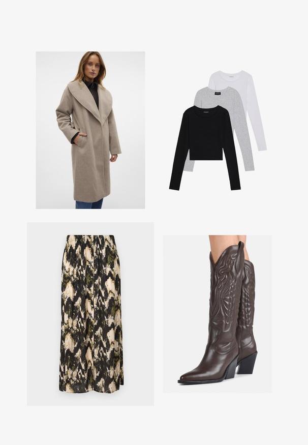 Manteau en mélange de laine beige avec un large col, des manches longues, des poches latérales et une coupe loose, porté sur un haut sombre et un jean bleu.; Trois hauts à manches longues empilés : noir, gris et blanc. Chacun a un col rond et un design court avec un tissu lisse et léger.; Jupe mi-longue avec un motif abstrait noir, crème et vert. Dotée d'une taille froncée et d'une fermeture à boutons sur le devant. Texture lisse.; Bottes de cowboy en cuir marron avec un bout pointu et un talon bloc, présentant des coutures détaillées et des accents en relief sur la tige.