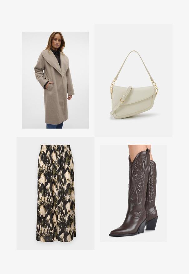 Beige wolblend jas met een brede kraag, lange mouwen, zijzakken en een losse pasvorm, gedragen over een donkere top en blauwe jeans.; Witte mouwloze tanktop van ribstof, met een ronde halslijn en een aansluitende pasvorm, met minimale naden en zonder versieringen.; Middellange rok met een zwart, crème en groene abstracte print. Beschikt over een geplooide tailleband en een knopenfrontsluiting. Soepele textuur.; Bruine leren cowboylaarzen met een spitse neus en blokhak, voorzien van gedetailleerde stiksels en verhoogde accenten op de schacht.; Kleine crèmekleurige handtas met een textuurafwerking, een lange verstelbare schouderband, een kettingaccent en een klepsluiting. Gouden hardware-details.