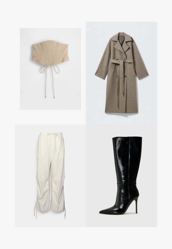Abrigo largo de lana en beige apagado con cuello de muesca, cierre de botones doble, cintura con cinturón y bolsillos laterales. Tela texturizada.; Top corsé beige con plisados verticales, que cuenta con una cintura ajustada y lazos ajustables en la parte posterior con puntas metálicas. Textura de tela suave.; Pantalones de mezcla de lino en color blanco roto con cintura elástica, cordón y aberturas laterales en el dobladillo para un ajuste ajustable.; Botas de cuero negro hasta la rodilla con punta afilada y tacón alto de aguja. Textura suave y diseño elegante, con detalles mínimos.