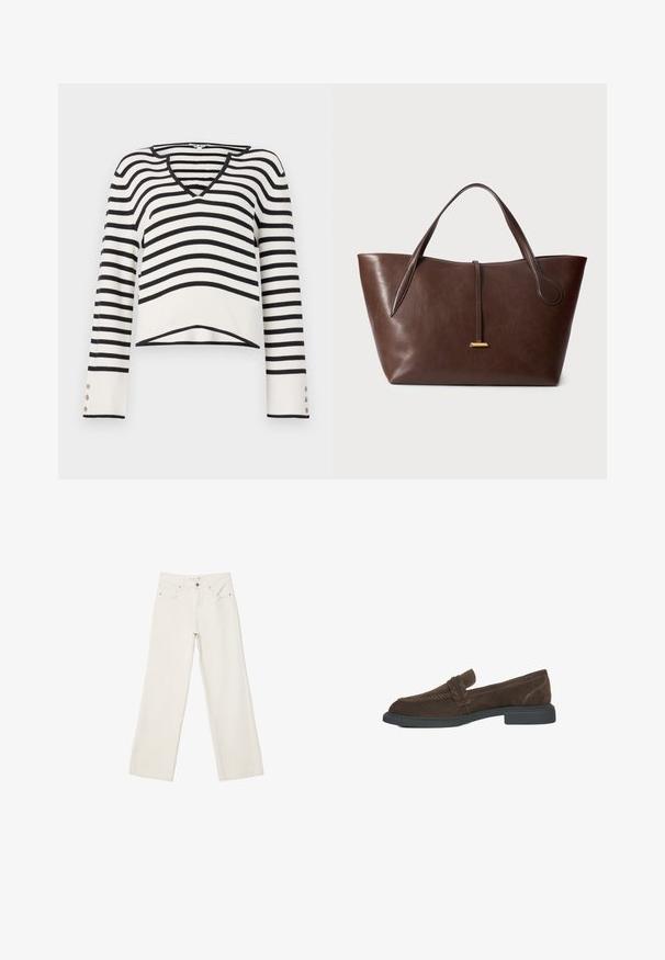 Bruine wolmix jas met een dubbelknops ontwerp, grote revers en zes ronde knopen. Lange mouwen met rechte zoom.; Zwart-wit gestreepte trui, V-hals ontwerp, lange mouwen met knoopaccenten, gebreide textuur, cropped zoom.; Witte wijde spijkerbroek van denim, met een hoge taille, voorzakken en een knoopsluiting. Eenvoudig ontwerp met minimalistische accenten.; Bruine suède loafers met een lage blokhak, voorzien van vlechtwerkdetails aan de voorkant en contrasterende stiksels langs de zijkanten.; Bruine leren tote bag met twee handvatten, een gestructureerde vorm en een eenvoudige gouden accent. Glad oppervlak met een subtiele korrelpatroon.