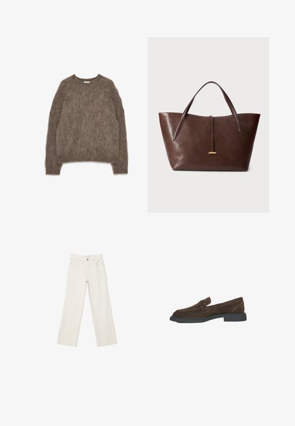 Brązowy płaszcz z mieszanki wełny, charakteryzujący się podwójnym zapięciem, dużymi klapami i sześcioma okrągłymi guzikami. Długie rękawy z prostymi mankietami.; Brązowy, puszysty sweter, długie rękawy, okrągły dekolt, luźny krój, miękka tekstura z włochatym wyglądem, bez widocznych detali ani akcentów.; Białe dżinsy w szerokim kroju wykonane z denimu, z wysokim stanem, przednimi kieszeniami i zapięciem na guzik. Czysty design z minimalnymi akcentami.; Brązowe zamszowe mokasyny z niskim obcasem, z plecionym detalem z przodu i kontrastowym przeszyciem wzdłuż boków.; Brązowa torba na ramię ze skóry z dwoma uchwytami, o ustrukturyzowanym kształcie i prostym złotym akcentem. Gładka faktura z subtelnym wzorem ziarna.