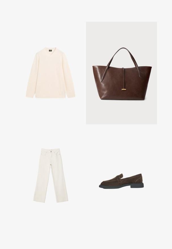 Brązowy płaszcz z mieszanki wełny, charakteryzujący się podwójnym zapięciem, dużymi klapami i sześcioma okrągłymi guzikami. Długie rękawy z prostymi mankietami.; Jasno-beżowy sweter w serek wykonany z miękkiego dzianinowego materiału; posiada długie rękawy oraz ściągacze przy mankietach i u dołu. Brak widocznych wzorów lub akcesoriów.; Białe dżinsy w szerokim kroju wykonane z denimu, z wysokim stanem, przednimi kieszeniami i zapięciem na guzik. Czysty design z minimalnymi akcentami.; Brązowe zamszowe mokasyny z niskim obcasem, z plecionym detalem z przodu i kontrastowym przeszyciem wzdłuż boków.; Brązowa torba na ramię ze skóry z dwoma uchwytami, o ustrukturyzowanym kształcie i prostym złotym akcentem. Gładka faktura z subtelnym wzorem ziarna.