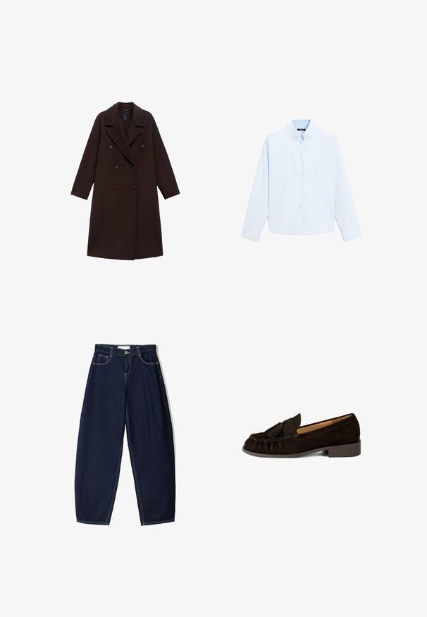 Brauner Wollmischmantel mit einem Doppelreiher-Design, großen Revers und sechs runden Knöpfen. Lange Ärmel mit geraden Säumen.; Himmelblaues Langarmhemd mit Stehkragen, Knopfverschluss vorne und glatter Baumwolltextur. Einfaches Design, keine Muster oder Akzente.; Dunkelblaue Jeanshose mit lockerer Passform, ausgestattet mit fünf Taschen, kontrastierenden Nähten und einem Reißverschluss vorne.; Braune Wildleder-Loafer mit runder Spitze, gefältetem Detail und einem kleinen Quastenakzent. Verfügt über einen niedrigen, leicht gestuften Absatz.