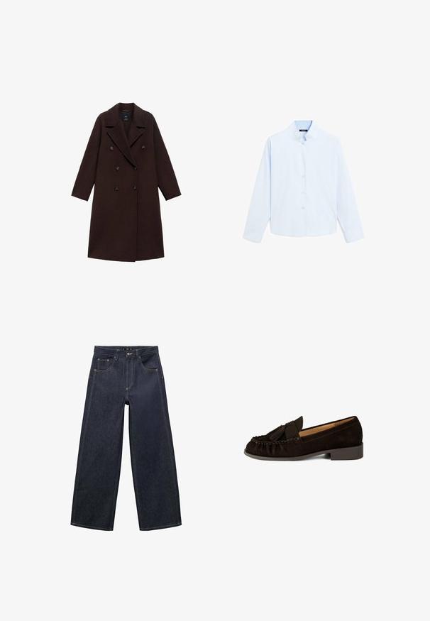 Manteau en mélange de laine marron avec un design croisé, grands revers et six boutons ronds. Manches longues avec des ourlets droits.; Chemise bleu clair à manches longues avec un col mandarin, un devant à boutons et une texture en coton lisse. Design simple, sans motifs ni accents.; Jeans larges de couleur bleu foncé fabriqués en tissu en denim. Présentent une fermeture éclair, un bouton de fermeture et des coutures contrastantes le long des coutures.; Mocassins en daim marron avec un bout arrondi, des détails plissés et un petit accent de glands. Dotés d'un talon bas légèrement empilé.