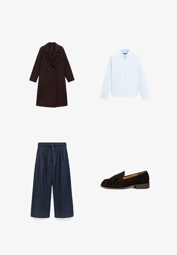 Brązowy płaszcz z mieszanki wełny, charakteryzujący się podwójnym zapięciem, dużymi klapami i sześcioma okrągłymi guzikami. Długie rękawy z prostymi mankietami.; Jasnoniebieska koszula z długim rękawem i kołnierzykiem mandaryńskim, z zapięciem na guziki z przodu oraz gładką bawełnianą fakturą. Prosty design, bez wzorów czy akcentów.; Czarne dżinsowe kuloty o szerokim kroju, z paskiem w talii i subtelną teksturą. Materiał ma gładkie wykończenie.; Brązowe zamszowe loafersy z zaokrąglonym noskiem, plisowanymi detalami i małym akcentem w postaci frędzelka. Posiadają niski, nieco podwyższony obcas.