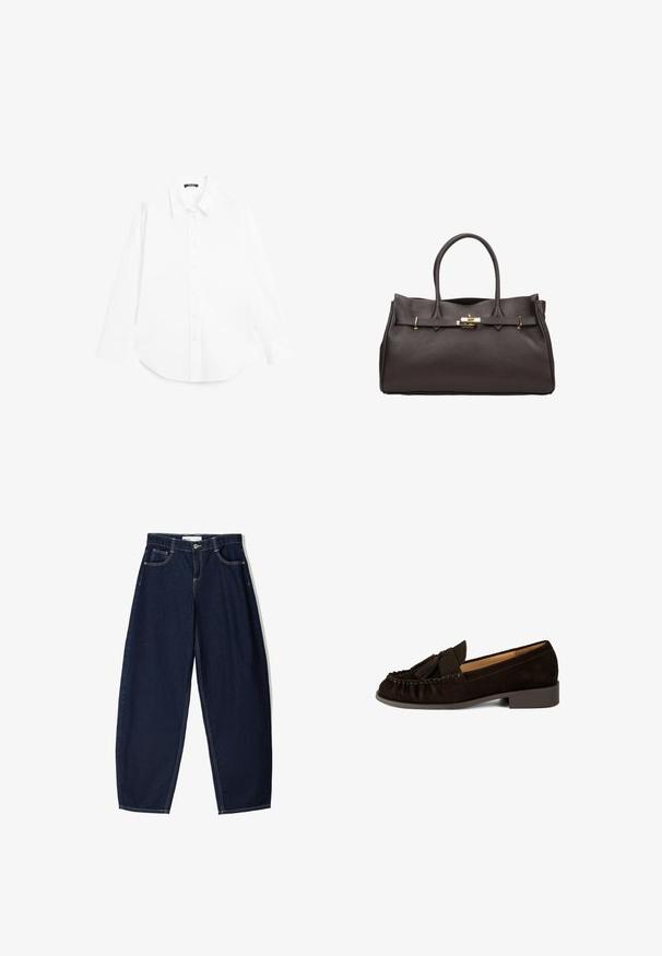 Brązowy płaszcz z mieszanki wełny, charakteryzujący się podwójnym zapięciem, dużymi klapami i sześcioma okrągłymi guzikami. Długie rękawy z prostymi mankietami.; Massimo Dutti - Bluzka; Granatowe dżinsowe spodnie o luźnym kroju, z pięcioma kieszeniami, kontrastowym przeszyciem i zamkiem błyskawicznym z przodu.; Brązowe zamszowe loafersy z zaokrąglonym noskiem, plisowanymi detalami i małym akcentem w postaci frędzelka. Posiadają niski, nieco podwyższony obcas.; ESTRO WŁOSKIEJ ciemnobrązowy