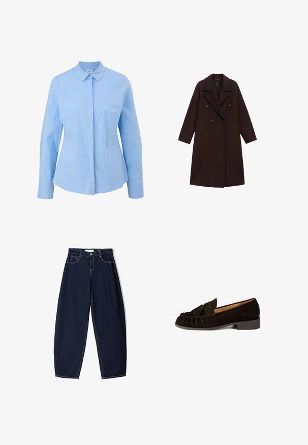Brauner Wollmischmantel mit einem Doppelreiher-Design, großen Revers und sechs runden Knöpfen. Lange Ärmel mit geraden Säumen.; Helles blaues Langarmhemd mit spitzem Kragen, durchgehender Knopfleiste und glatter Textur. Mit taillierter Passform und geknöpften Ärmelabschlüssen.; Dunkelblaue Jeanshose mit weitem Bein verfügt über eine hohe Taille, seitliche Taschen und kontrastierende Nähte. Der Stoff hat eine glatte Textur und eine strukturierte Form.; Braune Wildleder-Loafer mit runder Spitze, gefältetem Detail und einem kleinen Quastenakzent. Verfügt über einen niedrigen, leicht gestuften Absatz.