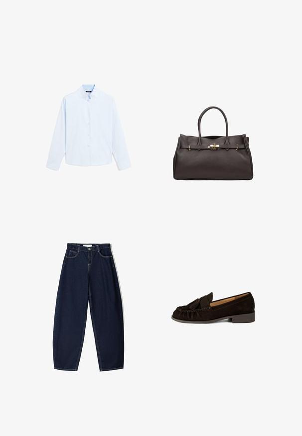 Brązowy płaszcz z mieszanki wełny, charakteryzujący się podwójnym zapięciem, dużymi klapami i sześcioma okrągłymi guzikami. Długie rękawy z prostymi mankietami.; Jasnoniebieska koszula z długim rękawem i kołnierzykiem mandaryńskim, z zapięciem na guziki z przodu oraz gładką bawełnianą fakturą. Prosty design, bez wzorów czy akcentów.; Granatowe dżinsowe spodnie o luźnym kroju, z pięcioma kieszeniami, kontrastowym przeszyciem i zamkiem błyskawicznym z przodu.; Brązowe zamszowe loafersy z zaokrąglonym noskiem, plisowanymi detalami i małym akcentem w postaci frędzelka. Posiadają niski, nieco podwyższony obcas.; ESTRO WŁOSKIEJ ciemnobrązowy