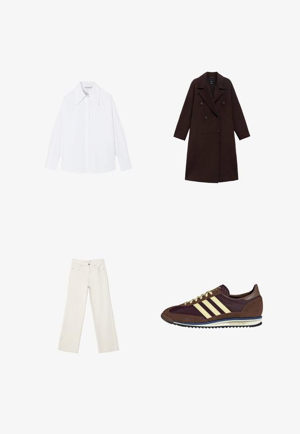 Brun uldblandingsfrakke med dobbeltradet design, store reverser og seks runde knapper. Lange ærmer med lige kanter.; Hvid, langærmet skjorte lavet af glat stof. Har en stor krave, knaplukning og brede ærmer med en afslappet pasform.; Hvide brede bukser lavet af denim, med høj talje, frontlommer og knaplukning. Renset design med minimale accenter.; Brune og bordeaux sneakers lavet af ruskind og mesh-materialer, med tre cremefarvede striber, tekstureret stof på tungen, og en gummisål.