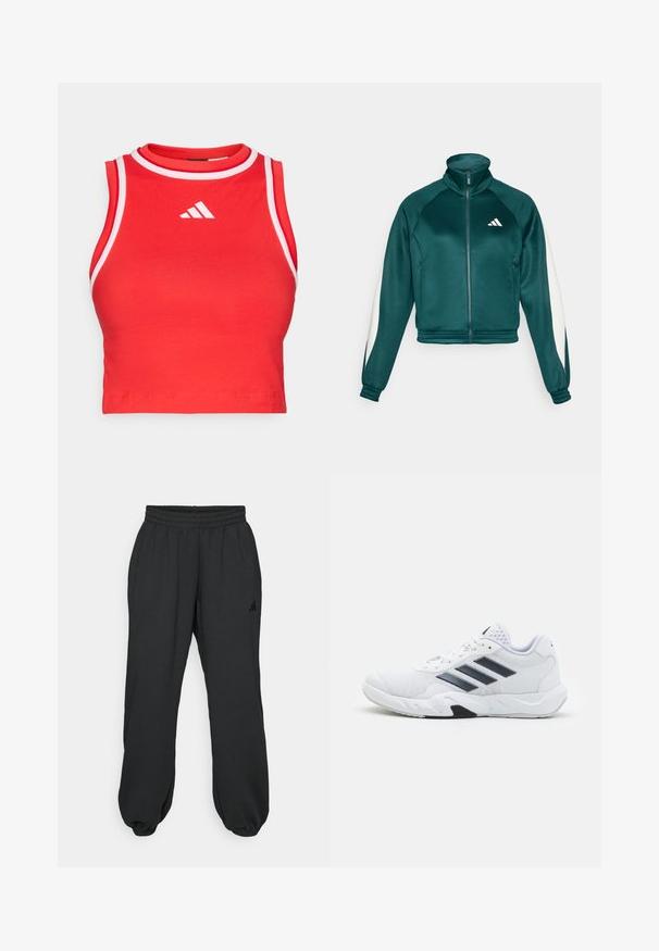 Tirkizna skraćena jakna s visokim ovratnikom, zatvaranjem na cipzar, bijelim bočnim panelima i rebrastim rukavima. Sadrži Adidas logo na prsima. Glatka tekstura.; Crvena kratka majica s okruglim izrezom, napravljena od rastezljivog materijala, s bijelim obrubom i Adidas logotipom na prednjoj strani.; Crne jogger hlače od mekog materijala, s elastičnim pojasom, suženim manžetama i malim logotipom na lijevom bedru.; Bijela atletska cipela s mrežastim gornjim dijelom, tri crne pruge sa strane, strukturirani detalji i čvrst gumeni potplat s kontrastnim crnim dijelom.
