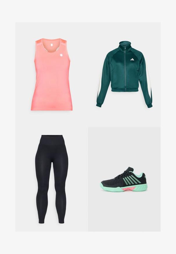 Teal lõhikjakk kõrge kraega, tõmblukuga, valgete külgpaneelidega ja soonikkoes mansettidega. Rindkere peal on Adidas logo. Sile tekstuur.; Ilma varrukatega tank top korallitoonis, valmistatud siledast ja venivast materjalist. Omab väikest logo rinnaosas ja pitsdetaili õlgadel.; Mustad ribad leggings kõrge vöökoht, valmistatud venivast materjalist. Omab siledat tekstuuri ja vertikaalseid mustreid kogu ulatuses.; Mustad mustus spordijalats, millel on tekstureeritud pealis, mündiroheline aktsent ja roosa tallapool. Omab kerget konstruktsiooni ja hingavat disaini.