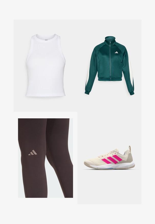 Giacca cropped color teal con colletto alto, chiusura con zip, pannelli laterali bianchi e polsini a coste. Presenta il logo Adidas sul petto. Texture liscia.; Crop top bianco senza maniche realizzato in morbido cotone. Presenta uncollo rotondo e una vestibilità aderente, senza motivi o dettagli visibili.; Leggings sportivi neri con una texture liscia, caratterizzati da un discreto logo Adidas marrone sulla coscia e dettagli di cuciture rinforzate.; Scarpa sportiva beige con logo a tre strisce rosa, tomaia in rete testurizzata, collo imbottito e suola in gomma bianca, con il marchio "LIGHTSTRIKE".