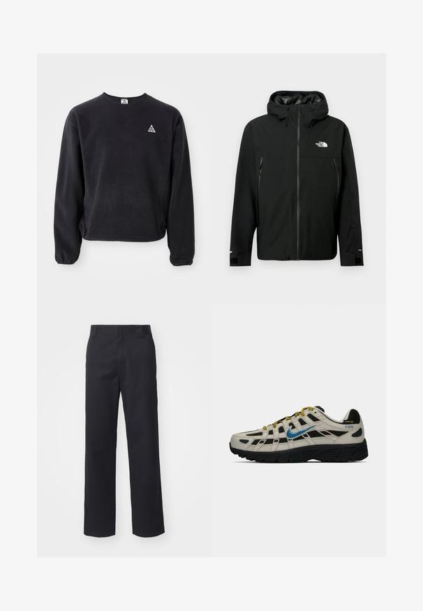 Juodas gobtuvą turintis džemperis su užtrauktuku priekyje, dviem užtrauktukais uždaromomis šoninėmis kišenėmis, reguliuojamais rankogaliais ir logotipu ant krūtinės. Lygi tekstūra ir vandeniui atspari medžiaga.; Juodas džemperis su ilgomis rankovėmis, apvaliu iškirpimu ir elastinėmis rankogaliais. Ant kairiojo krūtinės puikuojasi mažas baltas trikampio logotipas. Minkšta tekstūra.; Juodos tiesios kojos kelnės, pagamintos iš medvilnės mišinuko. Yra plokščias priekinis liemuo su diržo kilpomis ir be matomos aparatūros ar papuošimų.; Bežiniai ir juodi Nike P-6000 sportbačiai su mėlynu swoosh, geltonomis raištelėmis, juodu padu ir Cordura audinio etikete ant kulno.