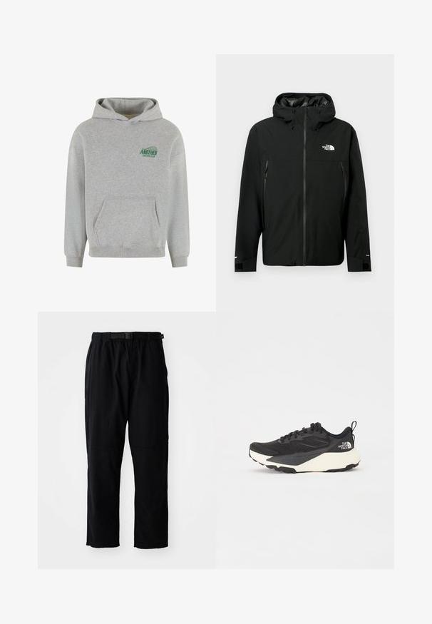 Schwarze Kapuzenjacke mit Reißverschluss vorne, zwei seitlichen Reißverschlusstaschen, verstellbaren Bündchen und einem Logo auf der Brust. Glatte Textur und wasserdichtes Material.; Grau Baumwoll-Hoodie mit einer vorderen Kängurutasche, gerippten Bündchen und Saum sowie einem grünen "ANOTHER COTTON LAB"-Logo auf der linken Brust.; Schwarze, leichte Hosen mit lockerer Passform, ausgestattet mit einem Gurtbund, verstärkten Kniepatches und geradem Bein.; Schwarzer Sportschuh mit strukturiertem Mesh-Obermaterial, komplett schwarzen Akzenten und leichter weißer Laufsohle. Verfügt über eine Schnürung und eine Zuglasche.