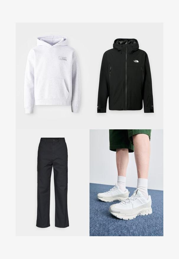 Melna kapuce jaka ar rāvējslēdzēju priekšpusē, divām sānu kabatām ar rāvējslēdzējiem, regulējamiem aproces galiem un logotipu uz krūšu. Gluda tekstūra un ūdensizturīgs materiāls.; Pelēks kapucis, kas izgatavots no mīksta auduma, ar kenguru kabatu, ribotām aprocēm, regulējamu kapuci un logo uz krūts.; Melni kravas bikses ar taisnu kāju dizainu, ar sānu kabatām un teksturētu audumu. Pogas aizdare jostasvietā nodrošina drošu piedilumu.; Baltas sporta apavi ar teksturētām detaļām, masīvu zoli un pelēkiem akcentiem. Valkāti ar baltiem zeķu pēdu apģērbiem un zaļām šortiem uz zilas virsmas.